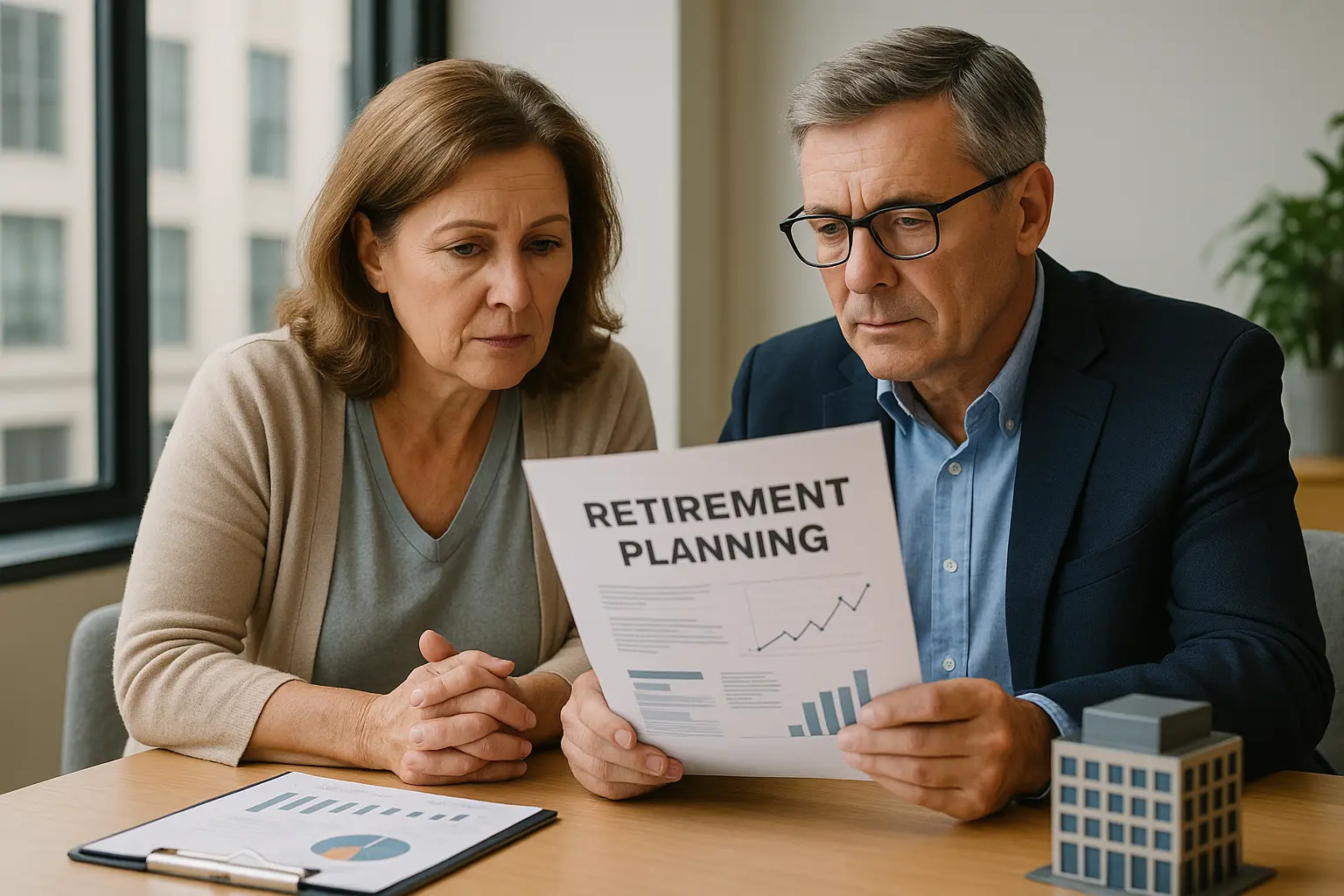 Middle-aged couple reviewing retirement planning documents in a modern office, representing passive investment decisions through self-directed IRAs.